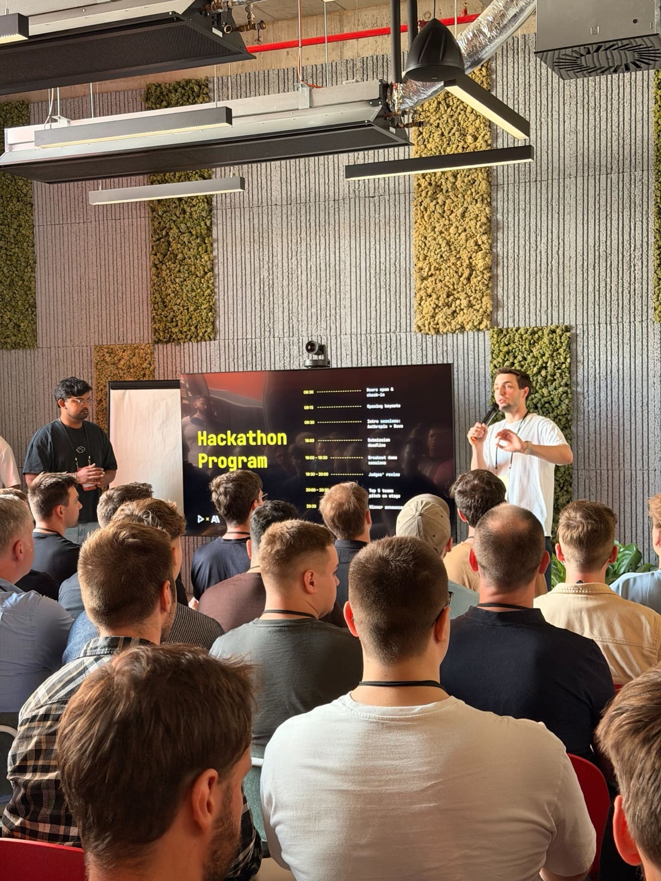 A packed room at the Anthropic × Duvo hackathon in Prague