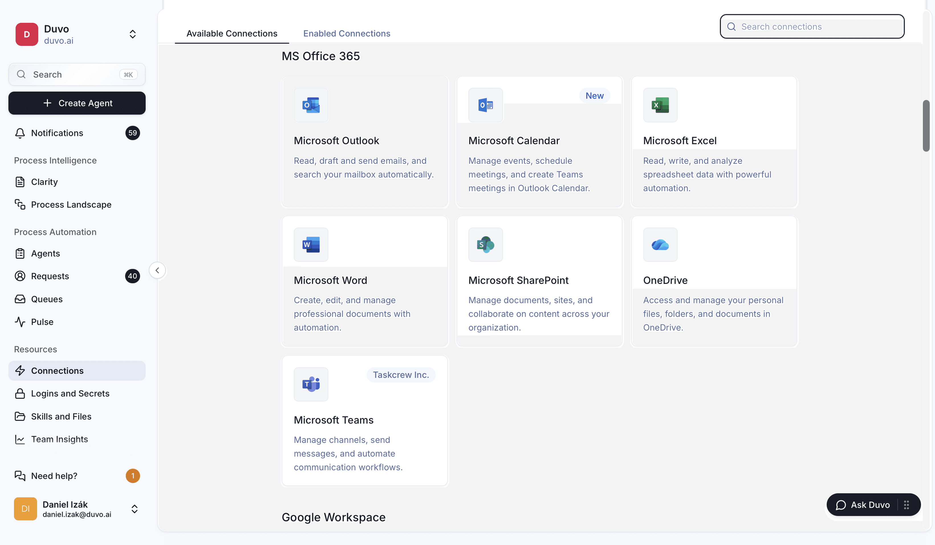 Duvo connections for Microsoft 365: Outlook, Calendar, Excel, Word, SharePoint, OneDrive and Teams.
