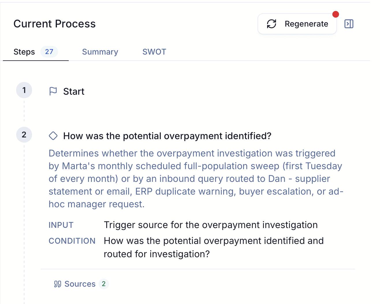 Duvo Clarity step record for identifying a potential overpayment, showing its input, condition and two source references.