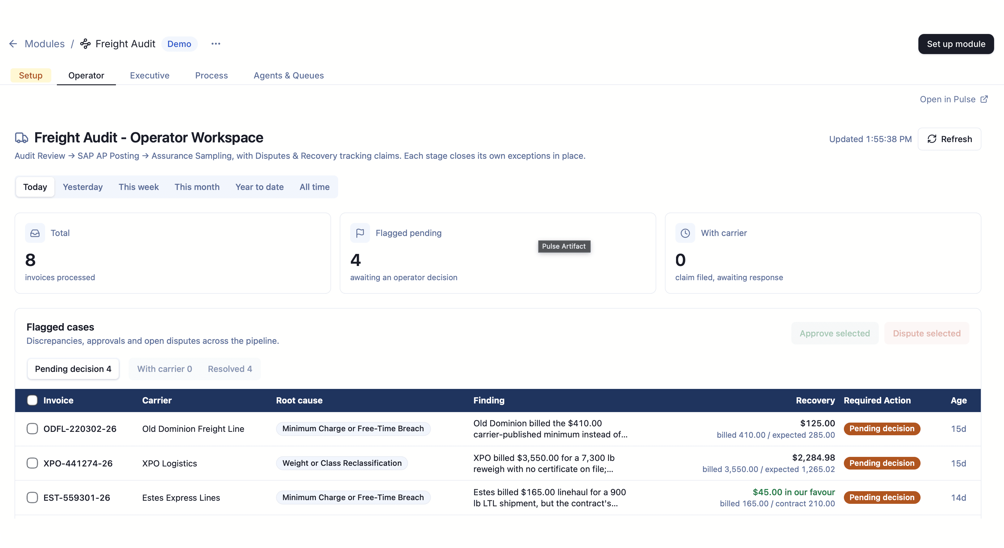 Duvo Freight Audit queue showing findings, potential recoveries, confidence, and next actions.