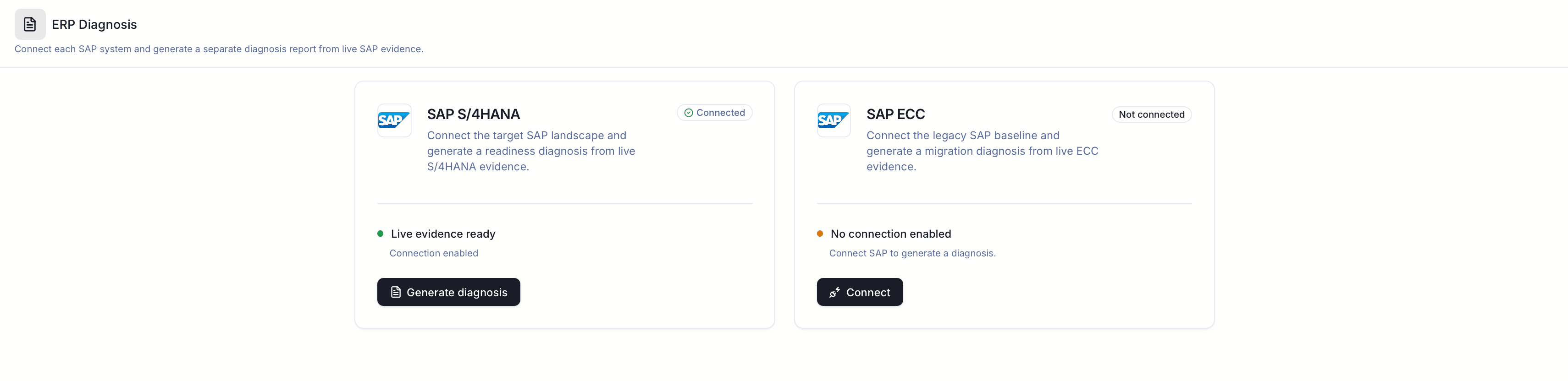 Duvo ERP Diagnosis showing a connected SAP S/4HANA system ready for live diagnosis and an SAP ECC system awaiting connection