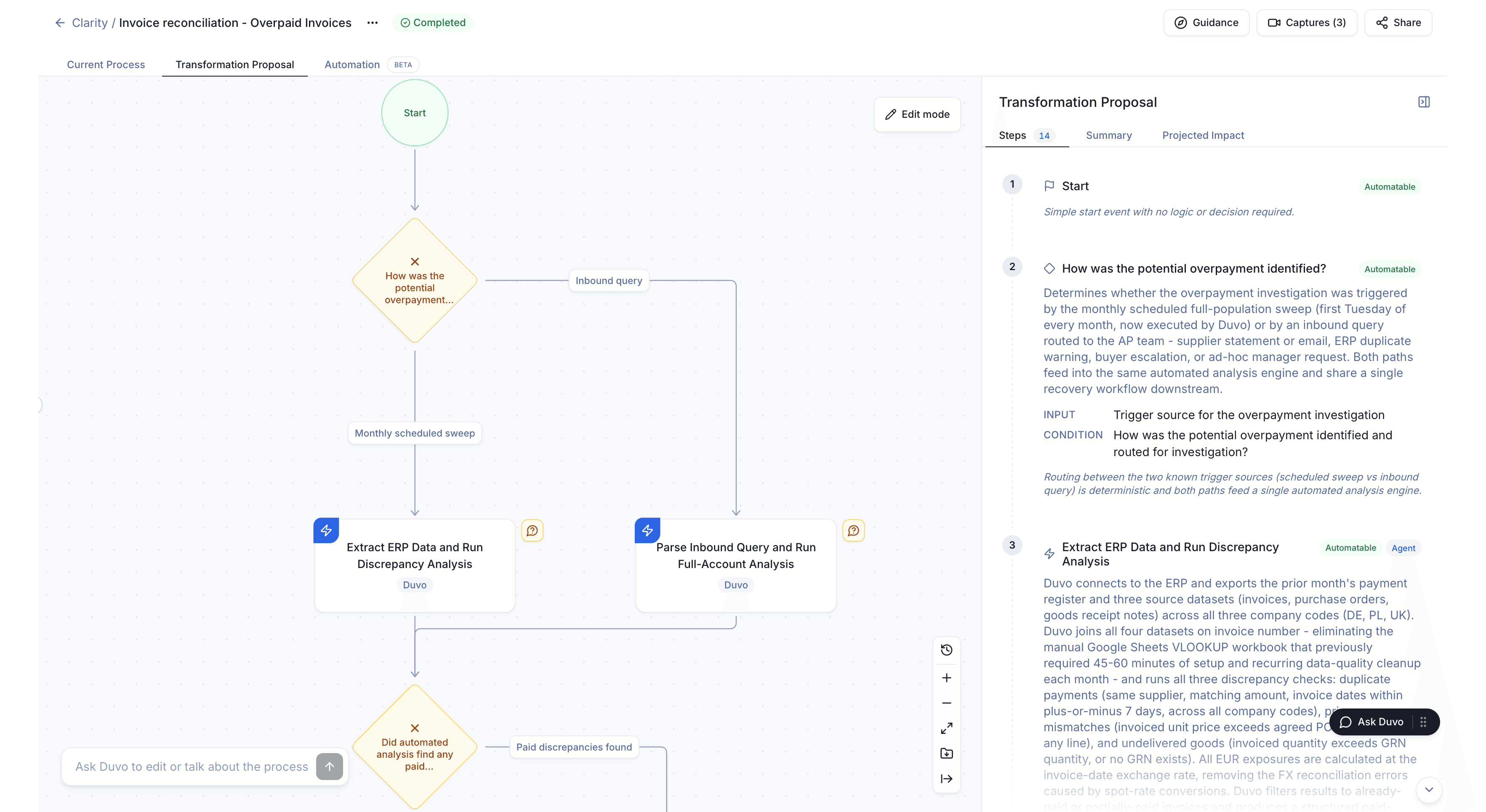 Duvo Transformation Proposal showing the proposed steps, summary, and projected impact of the change.